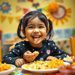 A joyful scene of a 5-year-old girl named Sania with a chubby face happily eating a meal