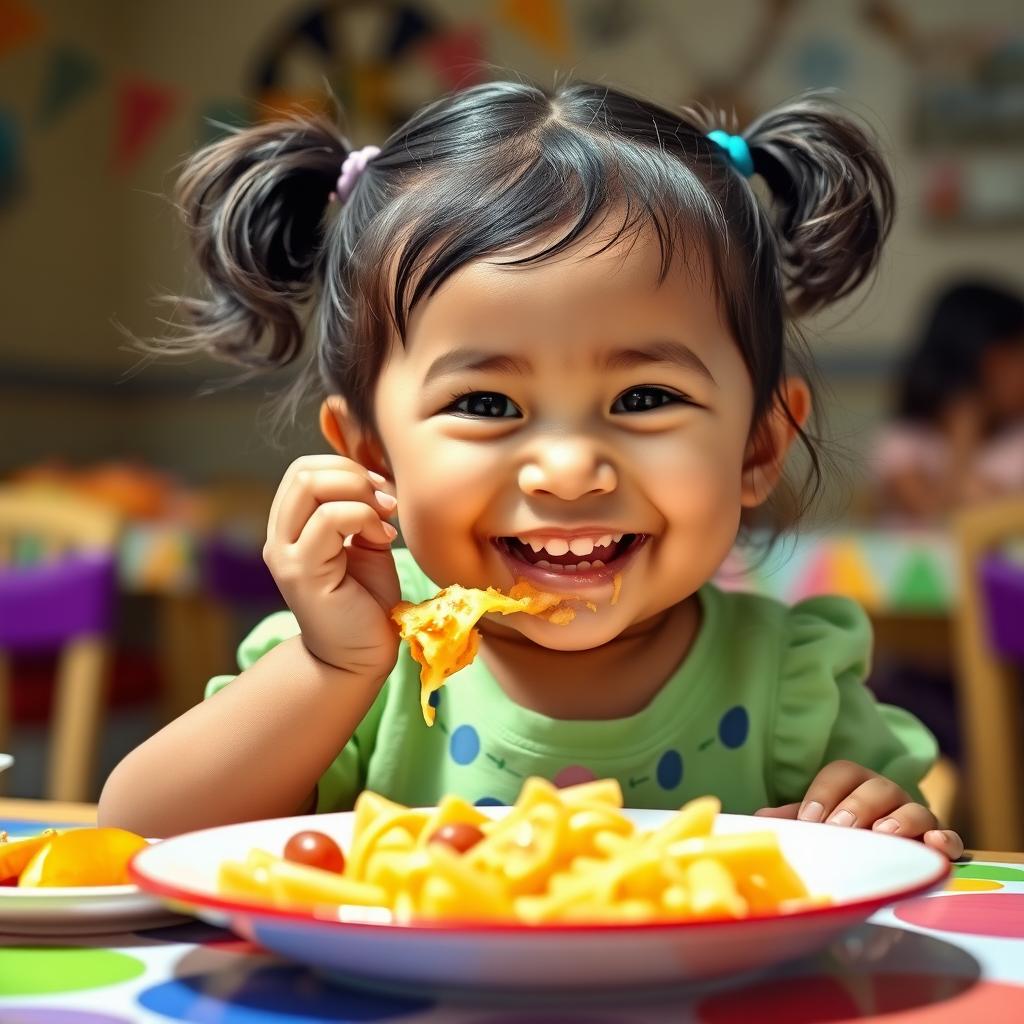 A joyful scene of a 5-year-old girl named Sania with a chubby face happily eating a meal