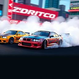 A high-quality loading screen for a racing and drifting game, featuring three cars drifting dynamically across the scene