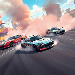 A high-quality loading screen for a racing and drifting game, featuring three cars drifting dynamically across the scene