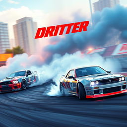 A high-quality loading screen for a racing and drifting game, featuring three cars drifting dynamically across the scene