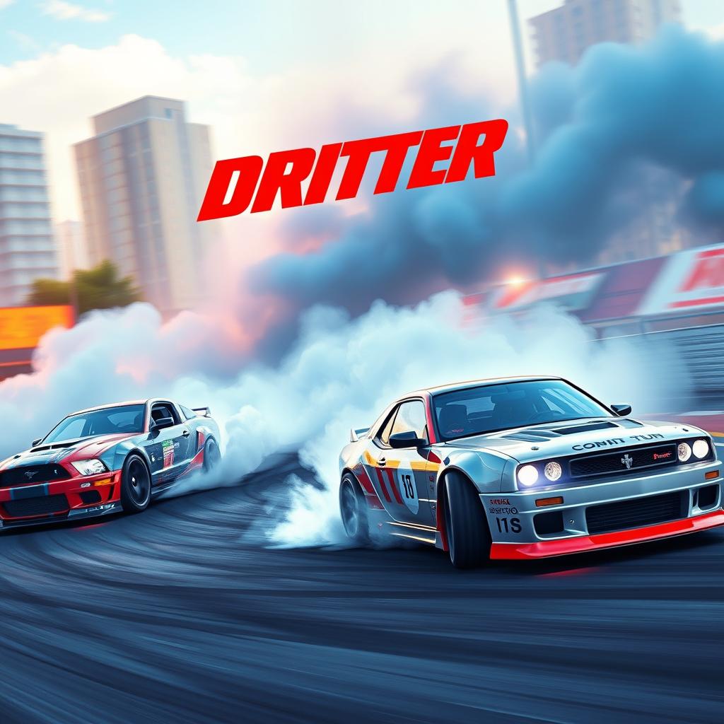 A high-quality loading screen for a racing and drifting game, featuring three cars drifting dynamically across the scene