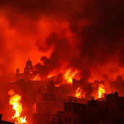 A dramatic and intense scene depicting the city of Tripoli engulfed in flames, with bold colors of orange and red illuminating the smoke-filled sky