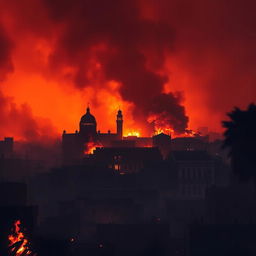 A dramatic and intense scene depicting the city of Tripoli engulfed in flames, with bold colors of orange and red illuminating the smoke-filled sky