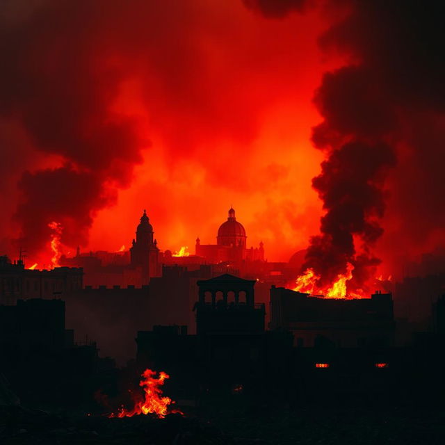 A dramatic and intense scene depicting the city of Tripoli engulfed in flames, with bold colors of orange and red illuminating the smoke-filled sky