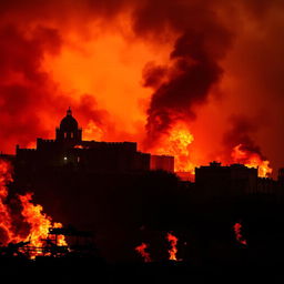 A dramatic and intense scene depicting the city of Tripoli engulfed in flames, with bold colors of orange and red illuminating the smoke-filled sky