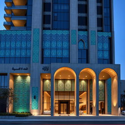 Exterior design of a 30-story residential tower, blending post-modern style with traditional Iranian architecture, located in the heart of Tehran