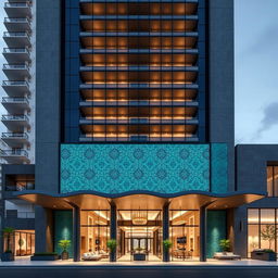 Exterior design of a 30-story residential tower, blending post-modern style with traditional Iranian architecture, located in the heart of Tehran