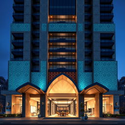 Exterior design of a 30-story residential tower, blending post-modern style with traditional Iranian architecture, located in the heart of Tehran