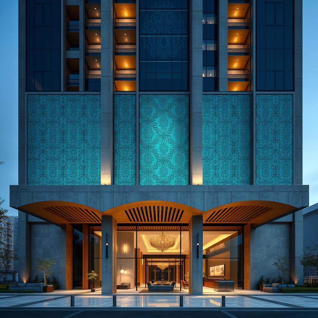 Exterior design of a 30-story residential tower, blending post-modern style with traditional Iranian architecture, located in the heart of Tehran