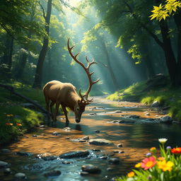 A serene scene of a beautiful, lush green forest with sunlight filtering through the leaves, creating a dappled light effect on the forest floor