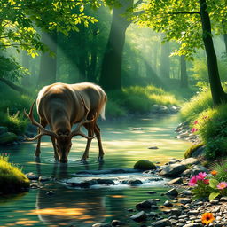 A serene scene of a beautiful, lush green forest with sunlight filtering through the leaves, creating a dappled light effect on the forest floor