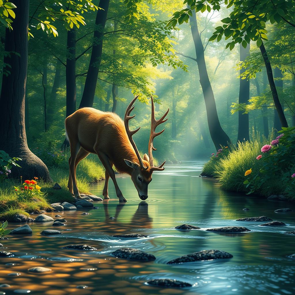 A serene scene of a beautiful, lush green forest with sunlight filtering through the leaves, creating a dappled light effect on the forest floor