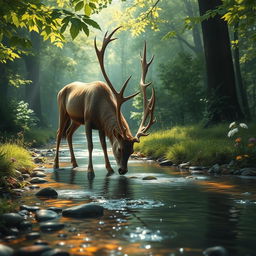 A serene scene of a beautiful, lush green forest with sunlight filtering through the leaves, creating a dappled light effect on the forest floor