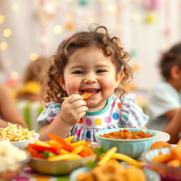 A plump little girl, around 5 years old, happily eating food at a colorful table, with her cheeks round and rosy