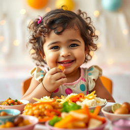 A plump little girl, around 5 years old, happily eating food at a colorful table, with her cheeks round and rosy