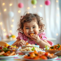 A plump little girl, around 5 years old, happily eating food at a colorful table, with her cheeks round and rosy