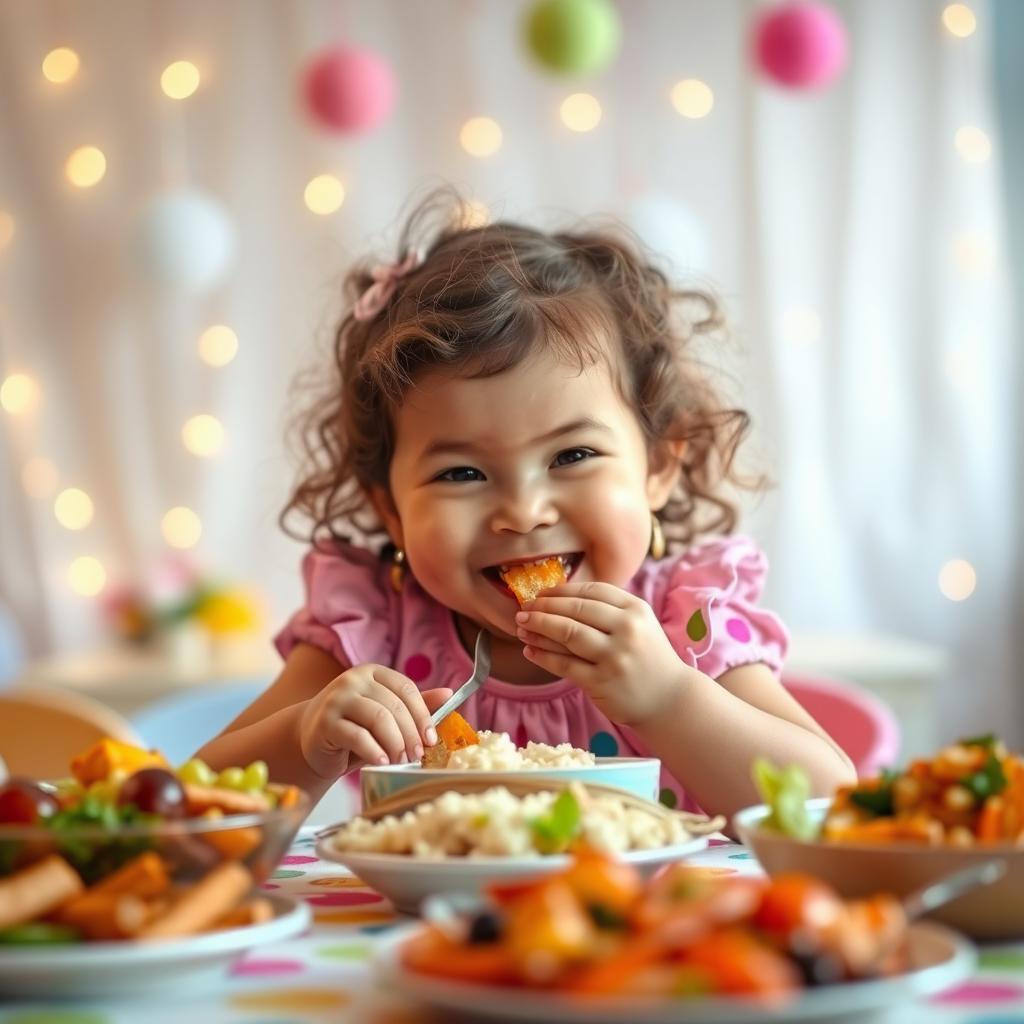 A plump little girl, around 5 years old, happily eating food at a colorful table, with her cheeks round and rosy