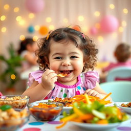 A plump little girl, around 5 years old, happily eating food at a colorful table, with her cheeks round and rosy
