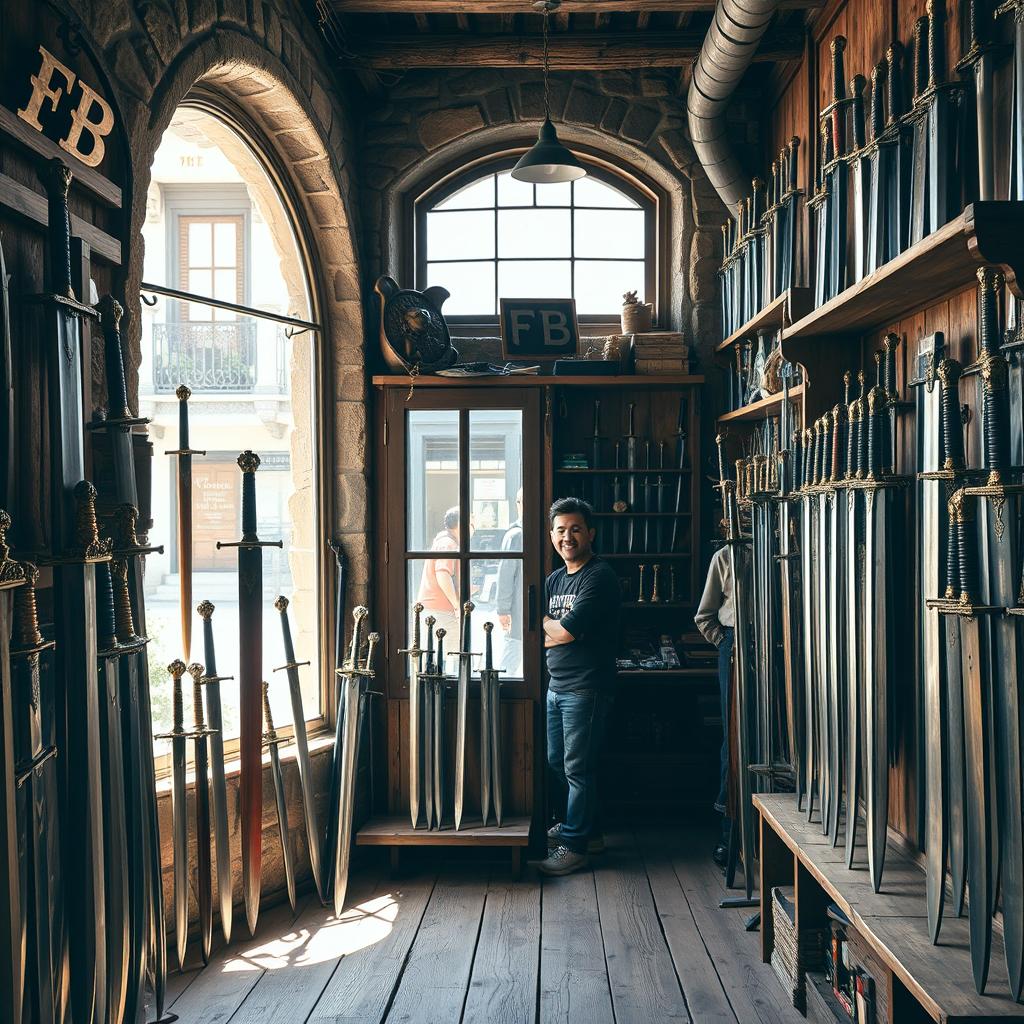 A charming and rustic sword shop named 'FB', filled with various types of swords displayed on wooden racks and walls