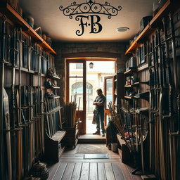 A charming and rustic sword shop named 'FB', filled with various types of swords displayed on wooden racks and walls