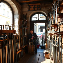 A charming and rustic sword shop named 'FB', filled with various types of swords displayed on wooden racks and walls