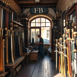 A charming and rustic sword shop named 'FB', filled with various types of swords displayed on wooden racks and walls