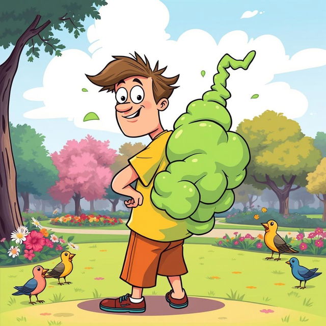 A humorous cartoon-style illustration of a man with a surprised expression on his face, surrounded by exaggerated cartoonish green clouds emanating from his rear as he stands in a playful pose