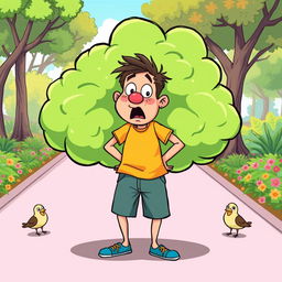 A humorous cartoon-style illustration of a man with a surprised expression on his face, surrounded by exaggerated cartoonish green clouds emanating from his rear as he stands in a playful pose