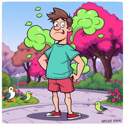 A humorous cartoon-style illustration of a man with a surprised expression on his face, surrounded by exaggerated cartoonish green clouds emanating from his rear as he stands in a playful pose
