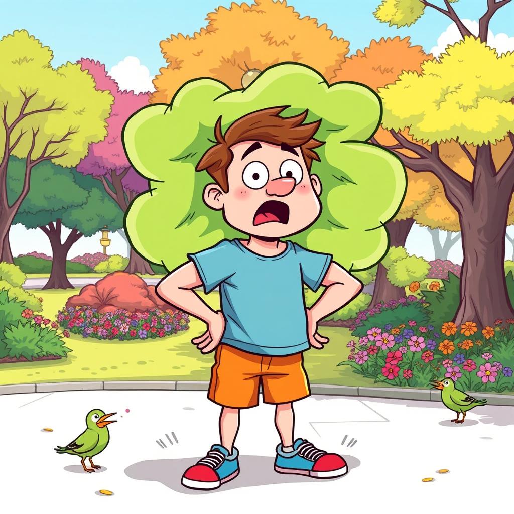 A humorous cartoon-style illustration of a man with a surprised expression on his face, surrounded by exaggerated cartoonish green clouds emanating from his rear as he stands in a playful pose