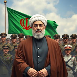 A striking portrait of Ayatollah Khamenei, the Supreme Leader of Iran, standing confidently against a backdrop of the Iranian military showcasing their power and might