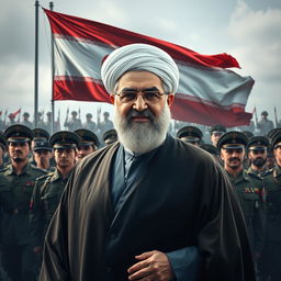 A striking portrait of Ayatollah Khamenei, the Supreme Leader of Iran, standing confidently against a backdrop of the Iranian military showcasing their power and might