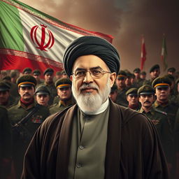 A striking portrait of Ayatollah Khamenei, the Supreme Leader of Iran, standing confidently against a backdrop of the Iranian military showcasing their power and might