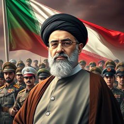 A striking portrait of Ayatollah Khamenei, the Supreme Leader of Iran, standing confidently against a backdrop of the Iranian military showcasing their power and might