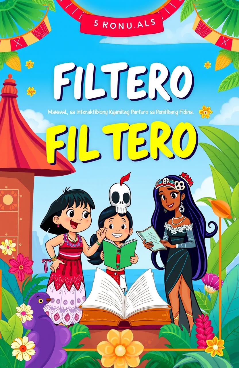 A vibrant and engaging cover design for a manual titled "FILTERO: Manwal sa Interaktibong Kagamitang Panturo sa Panitikang Filipino"
