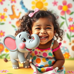 A whimsical scene featuring a cute, chubby 5-year-old girl named Sania playfully pretending to eat a cartoonish, friendly elephant