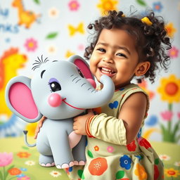 A whimsical scene featuring a cute, chubby 5-year-old girl named Sania playfully pretending to eat a cartoonish, friendly elephant