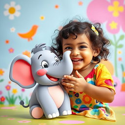 A whimsical scene featuring a cute, chubby 5-year-old girl named Sania playfully pretending to eat a cartoonish, friendly elephant