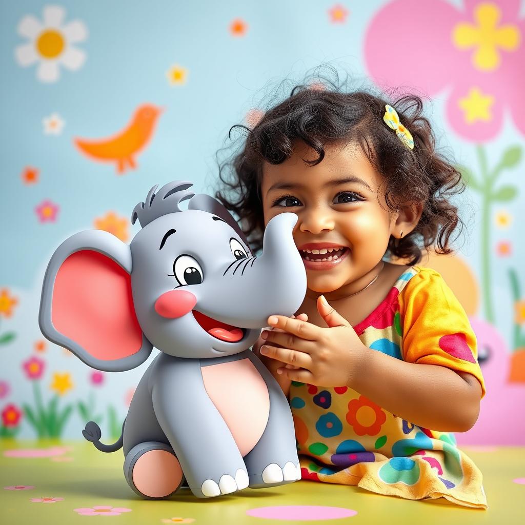 A whimsical scene featuring a cute, chubby 5-year-old girl named Sania playfully pretending to eat a cartoonish, friendly elephant