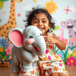 A whimsical scene featuring a cute, chubby 5-year-old girl named Sania playfully pretending to eat a cartoonish, friendly elephant