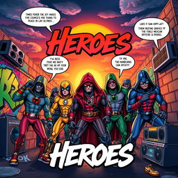 A vibrant and dynamic album cover for the song "Heroes" featuring a mashup of iconic comic book superheroes