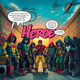 A vibrant and dynamic album cover for the song "Heroes" featuring a mashup of iconic comic book superheroes