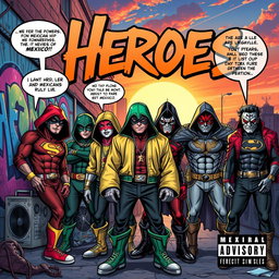 A vibrant and dynamic album cover for the song "Heroes" featuring a mashup of iconic comic book superheroes