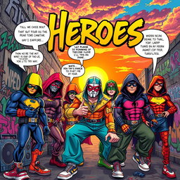 A vibrant and dynamic album cover for the song "Heroes" featuring a mashup of iconic comic book superheroes