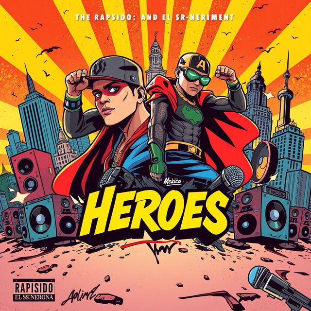 Create a vibrant album cover for the song "Heroes" by Rapsido and El Sr