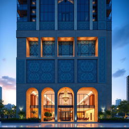 Design of the exterior facade of a 30-story residential tower, blending postmodern style with traditional Iranian architecture in the heart of Tehran