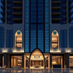 Design of the exterior facade of a 30-story residential tower, blending postmodern style with traditional Iranian architecture in the heart of Tehran