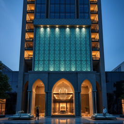 Design of the exterior facade of a 30-story residential tower, blending postmodern style with traditional Iranian architecture in the heart of Tehran