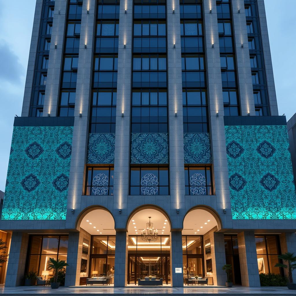Design of the exterior facade of a 30-story residential tower, blending postmodern style with traditional Iranian architecture in the heart of Tehran
